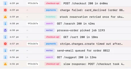 The log list in Loggerhead. Each row shows a severity icon, the time, a trace id, the service, and the message.