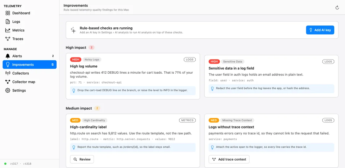 The Improvements page in Loggerhead. Five findings: a high log volume on checkout-api, an email address in an auth log field, a high-cardinality http.route label, payments logs without trace context, and a stale queue.depth metric. Each finding carries a written fix.